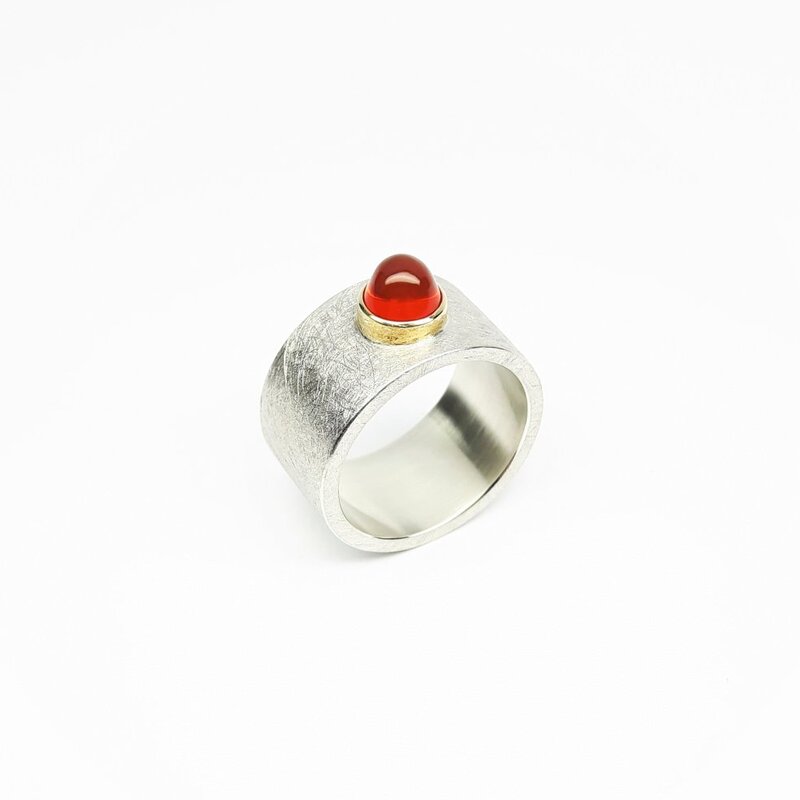 Bague en argent 925/- et or jaune 18kt avec opale de feu cabochon d:6mm 0,84ct