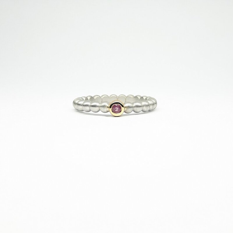 "round around", bague boules en argent 925/-, or jaune 18kt et tourmaline rose.
