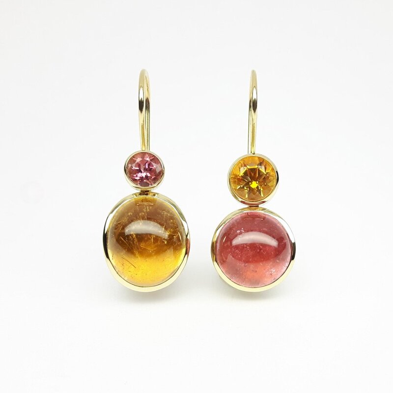 "Sunrise" Boucles d'oreilles en or jaune 18kt, tourmalines et citrine. Pièce unique.