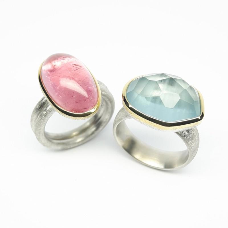 Bague en argent 925/-, or jaune 18kt et tourmaline rose. Pièce unique.