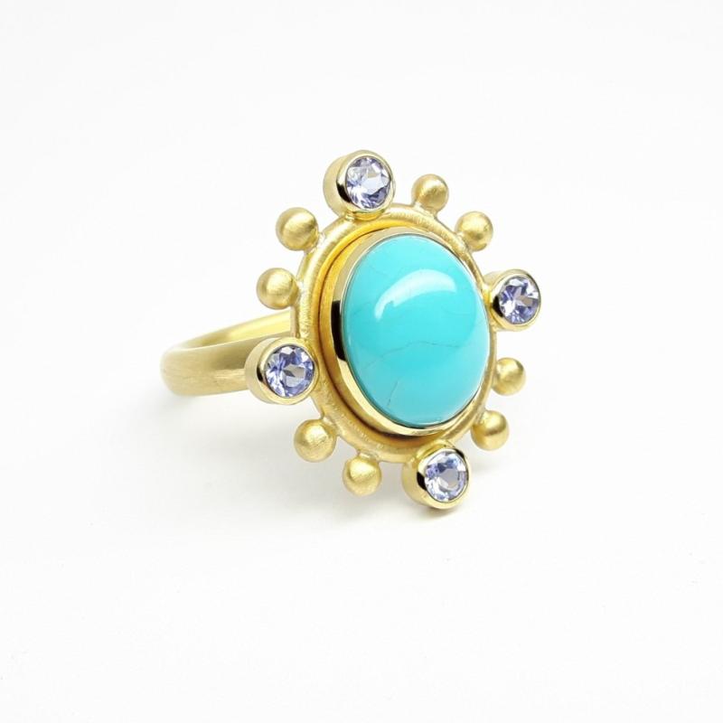 Bague en or jaune 18kt,  turquoise et tanzanites. Pièce unique.