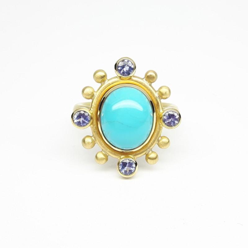 Bague en or jaune 18kt,  turquoise et tanzanites. Pièce unique.
