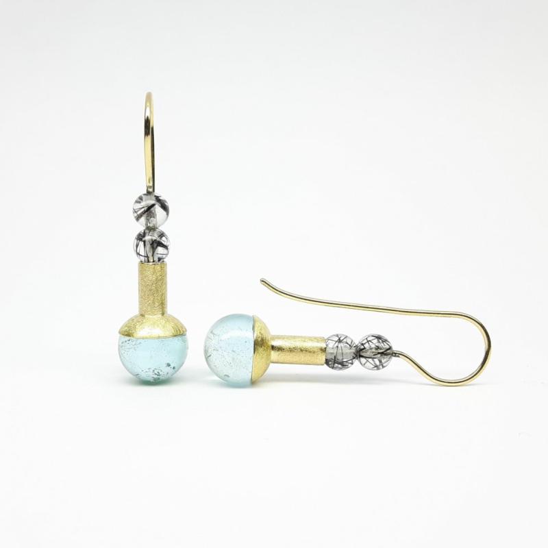 Boucles d'oreilles en or jaune 18kt, topaze et quartz tourmaline. Pièce unique.