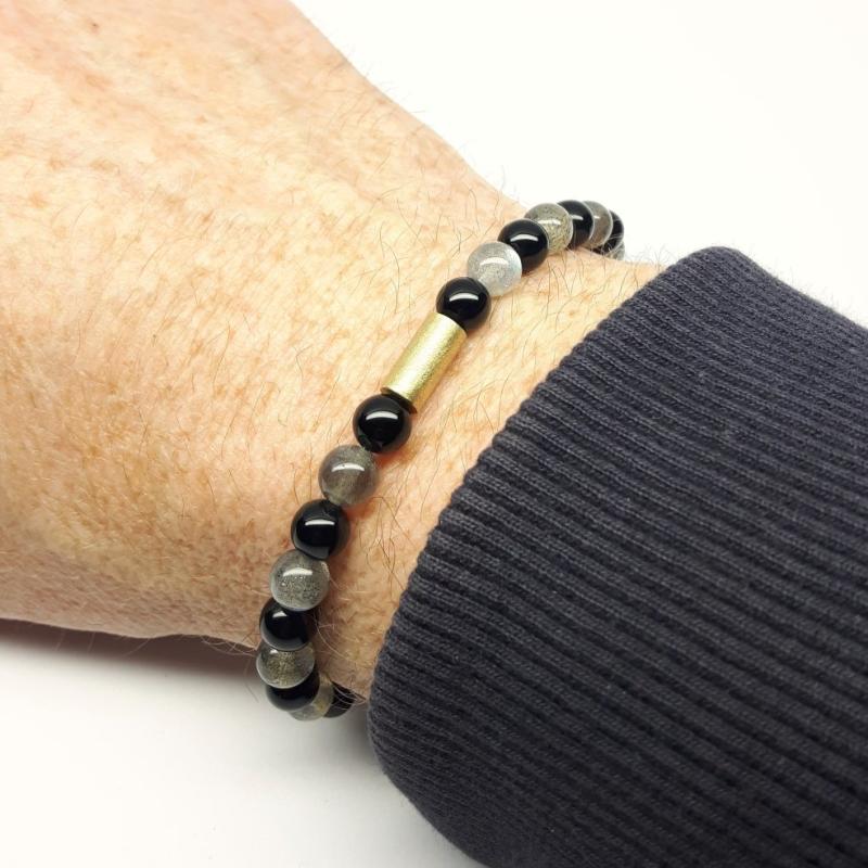 Bracelet en onyx, labradorite, aigue-marine et or jaune 18kt. Pièce unique.