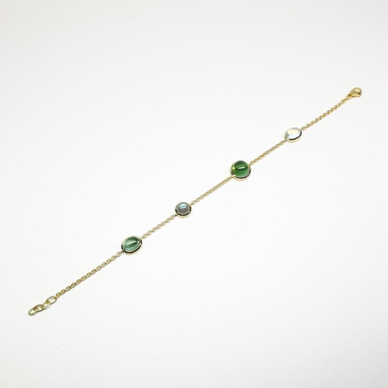 Bracelet en or jaune 18kt, tourmaline, labradorite et pierre de lune. Pièce unique.