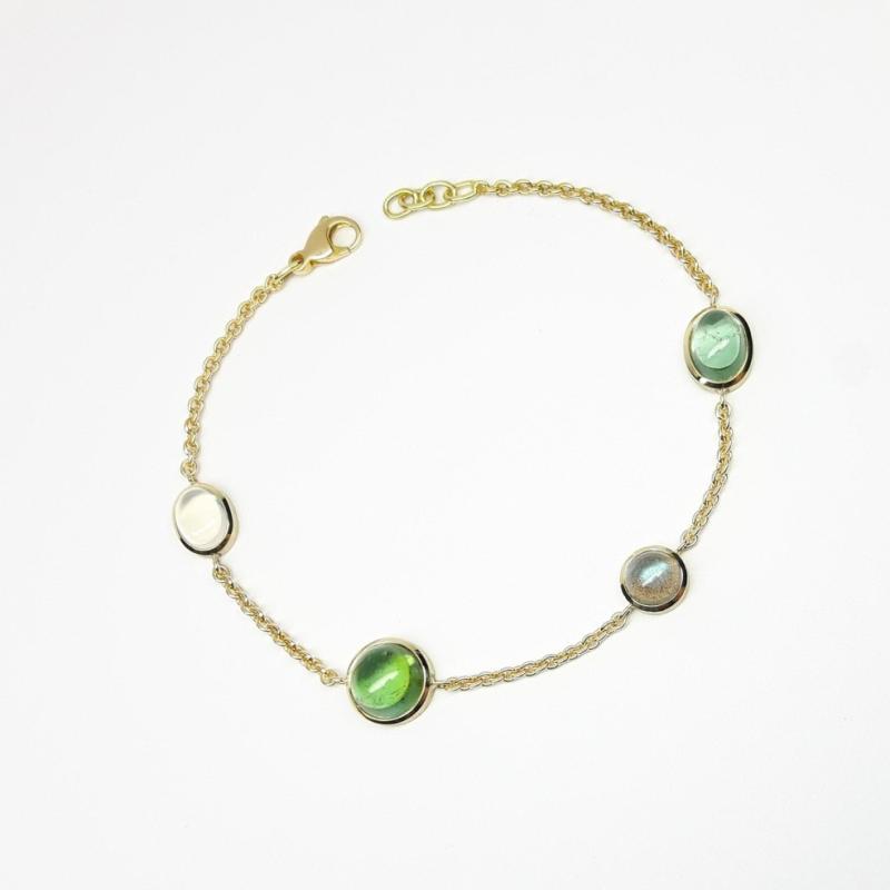 Bracelet en or jaune 18kt, tourmaline, labradorite et pierre de lune. Pièce unique.