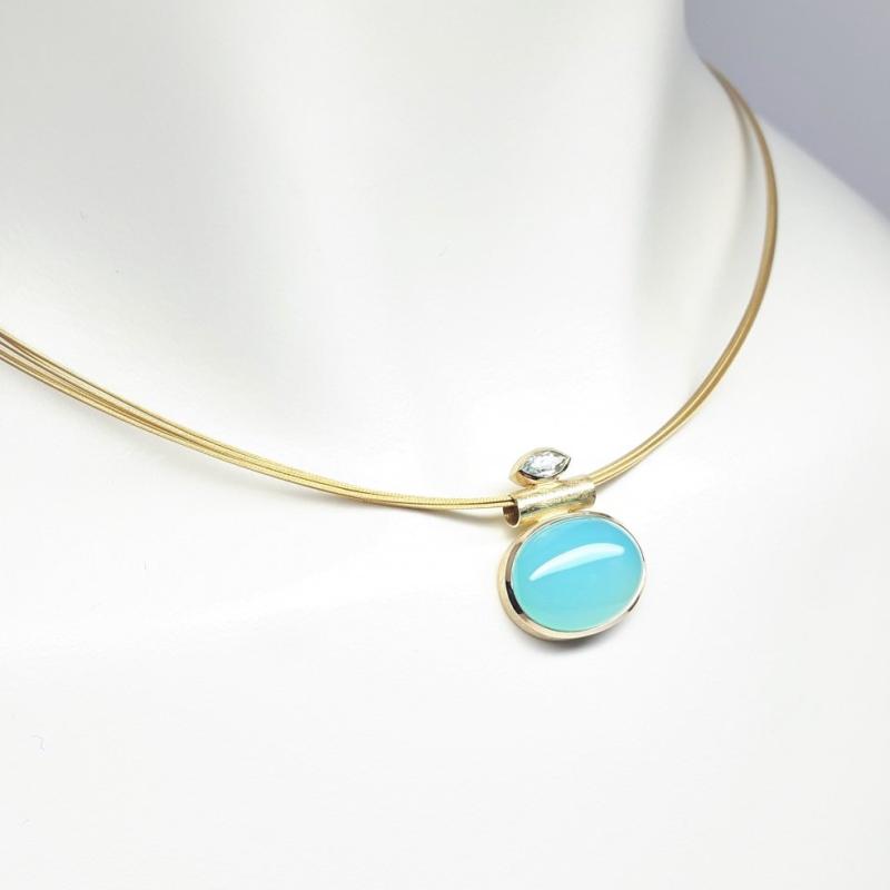 Pendentif en or jaune 18kt, aigue-marine et opale des andes. Pièce unique.
