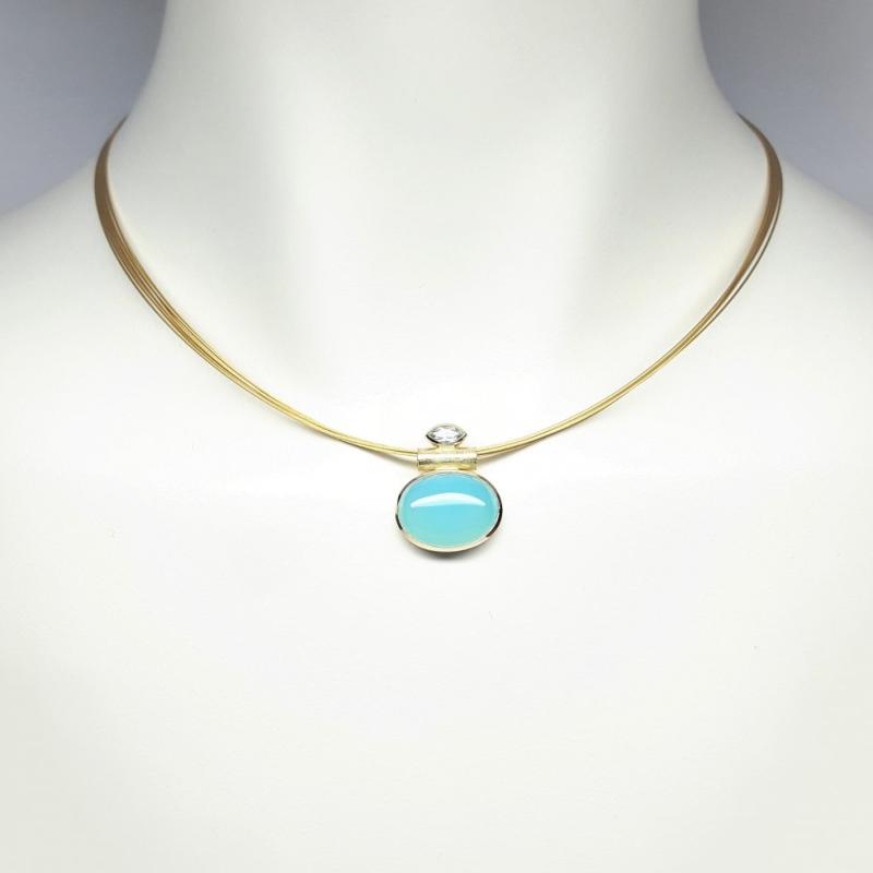 Pendentif en or jaune 18kt, aigue-marine et opale des andes. Pièce unique.